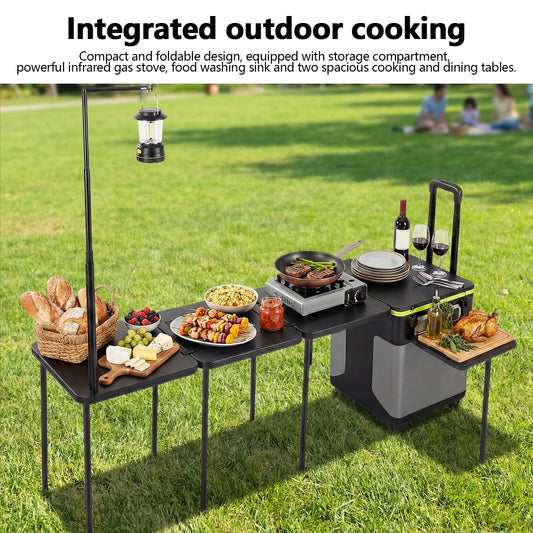 Multifunctional Outdoor Side Table with Wheels Folding Grill Table with Light Poles for Picnic Party Beach BBQ Cooking Indoor
