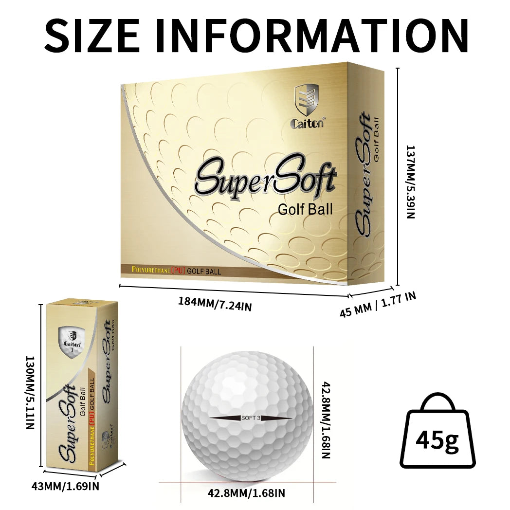 Caiton 12Pcs SuperSoft Golf Balls Polyurethane Cover Low Drag Distance Soft Feel Stable Flight Spin Control Practice Play Balls