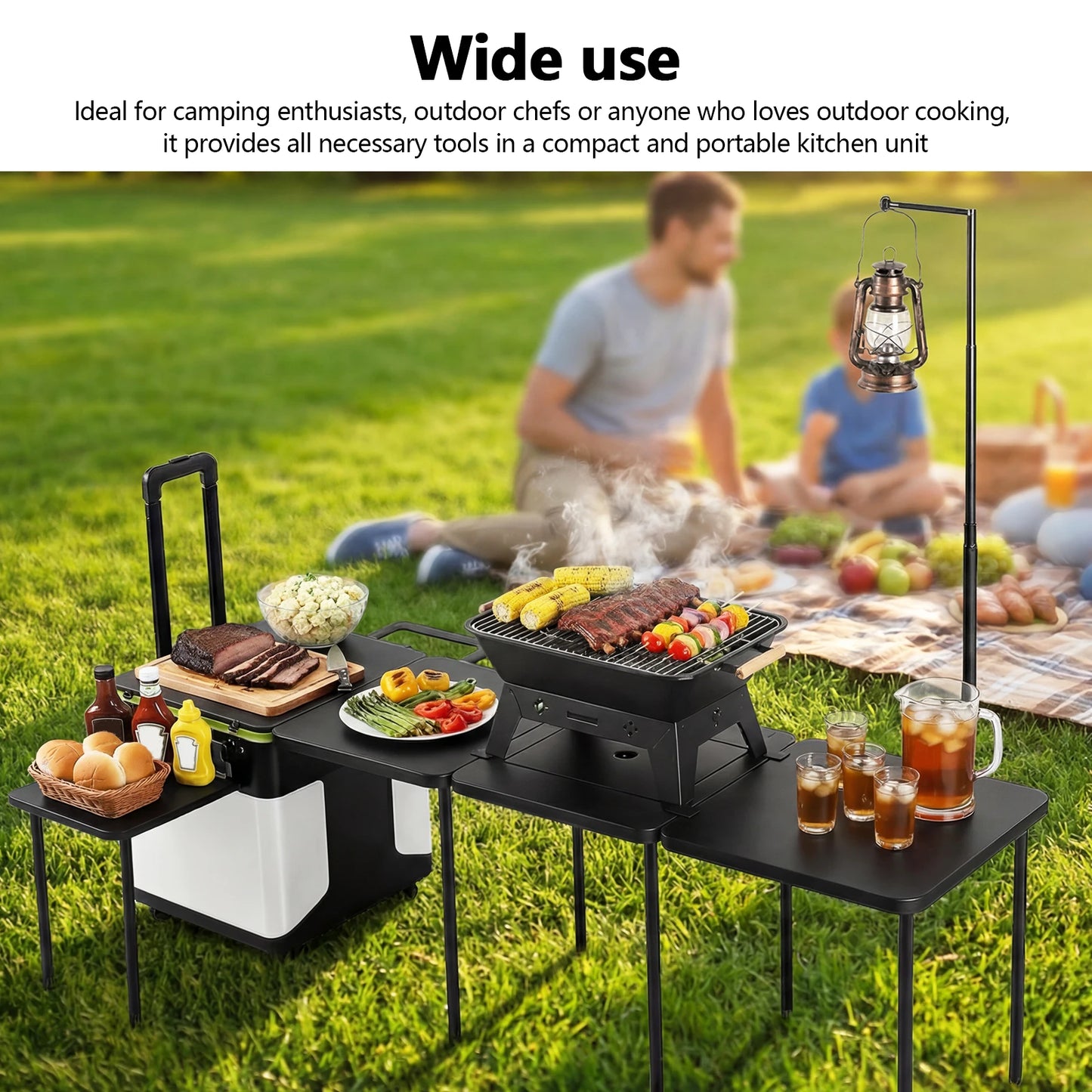 Multifunctional Outdoor Side Table with Wheels Folding Grill Table with Light Poles for Picnic Party Beach BBQ Cooking Indoor