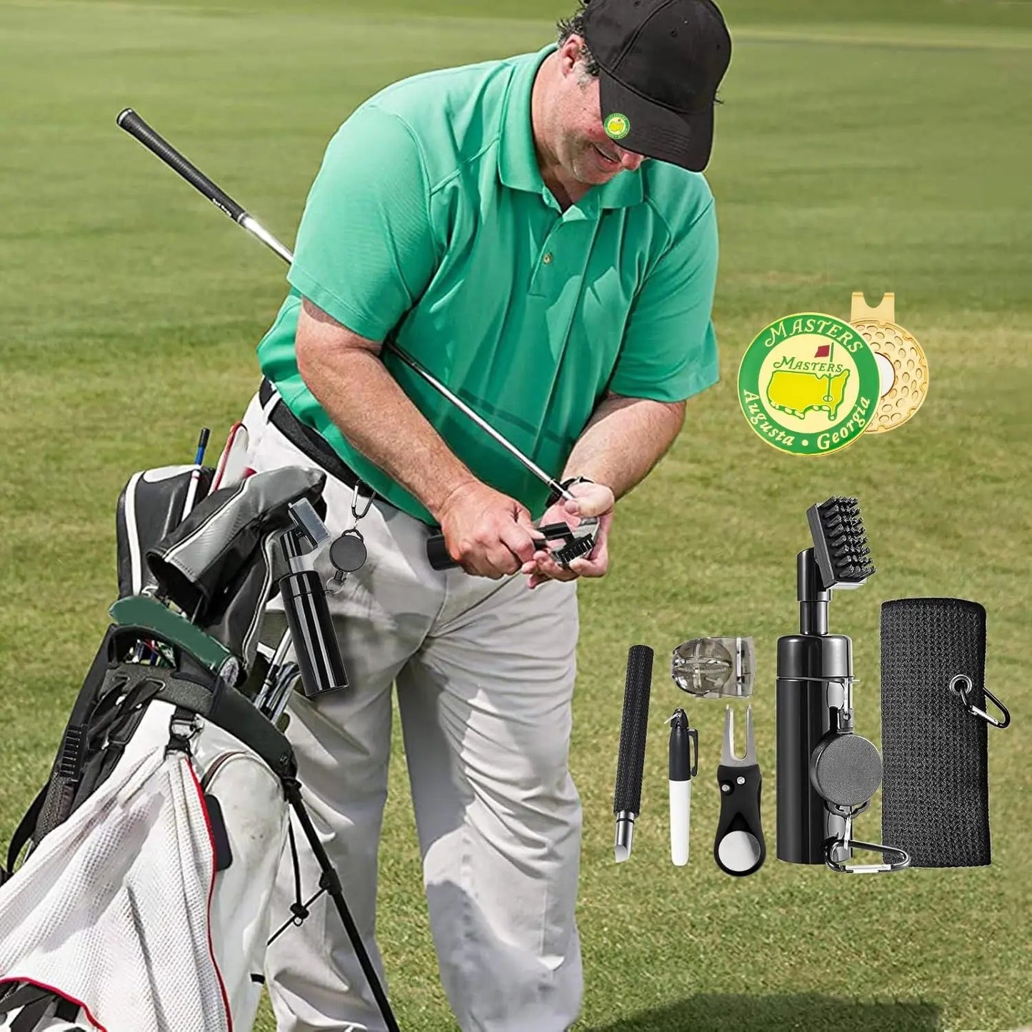 Golf Club Cleaning Kit with Golf Club Cleaner with Water Golf Towel Divot Repair Tool Groove Sharpener Golf Ball Alignment Kit