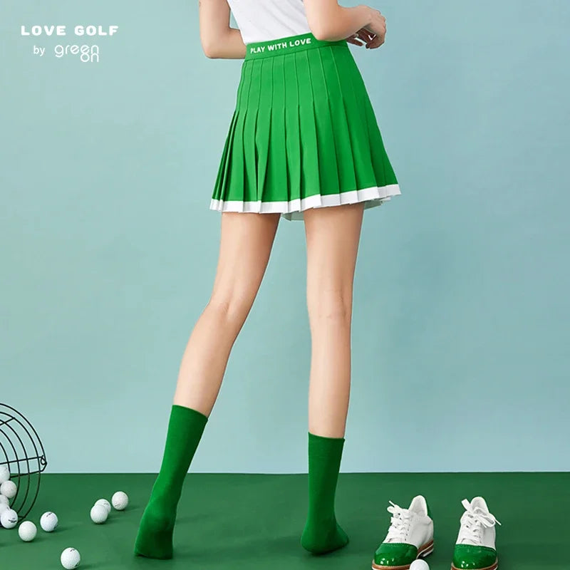 Love Golf Women Patchwork Golf Pleated Skirt Lady Anti-exposure Elastic Culottes A-line Slim Panskirts with Inner Shorts