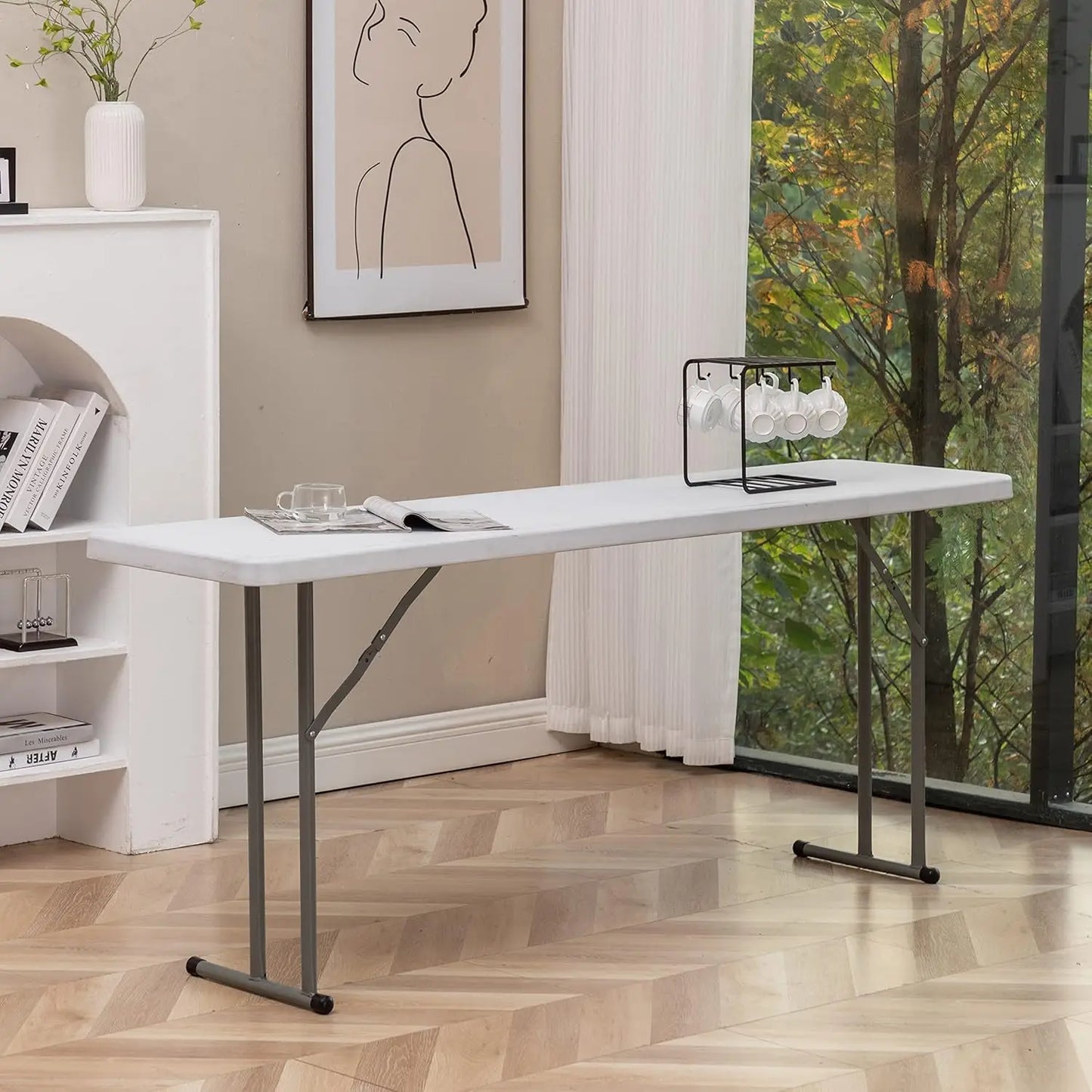 6-Foot White Granite Plastic Folding Table, 72" Long Portable Training Seminar Table for Indoor Outdoor Use