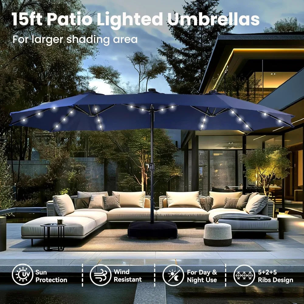 15ft Large Patio Umbrella with Solar Lights, Double-Sided Outdoor Market Rectangle Umbrellas with 36 LED Lights, Umbrella Base