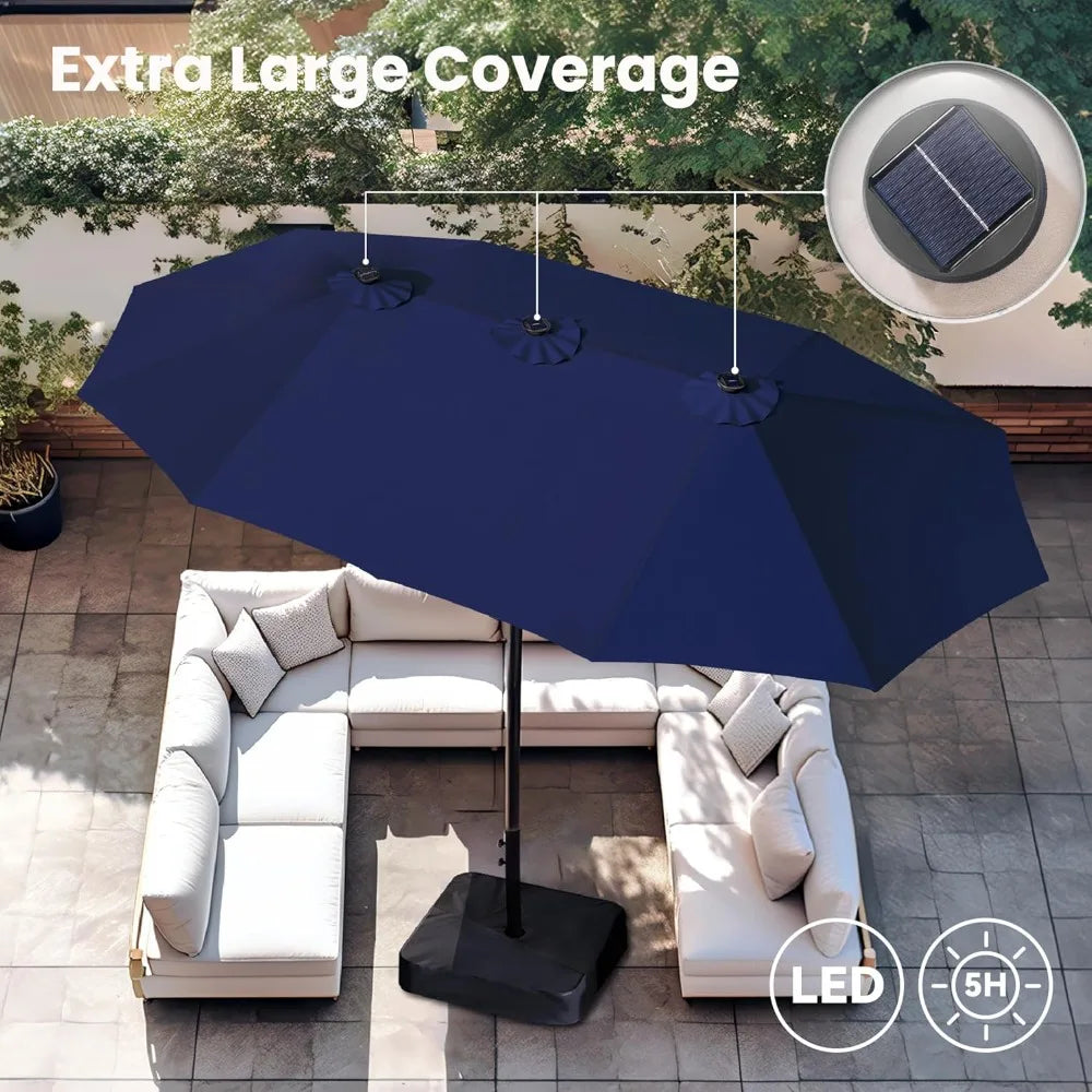 15ft Large Patio Umbrella with Solar Lights, Double-Sided Outdoor Market Rectangle Umbrellas with 36 LED Lights, Umbrella Base