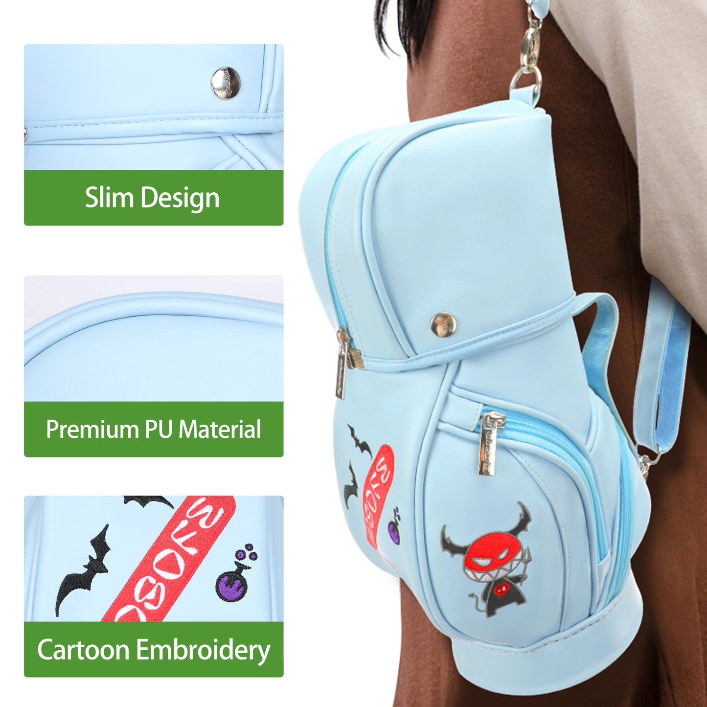 1 PC Women's Golf Bag, Cartoon Embroidered Golf Park Bag, PU Material, Portable Golf Gear Storage Bag, Mini Golf Accessory Pouch