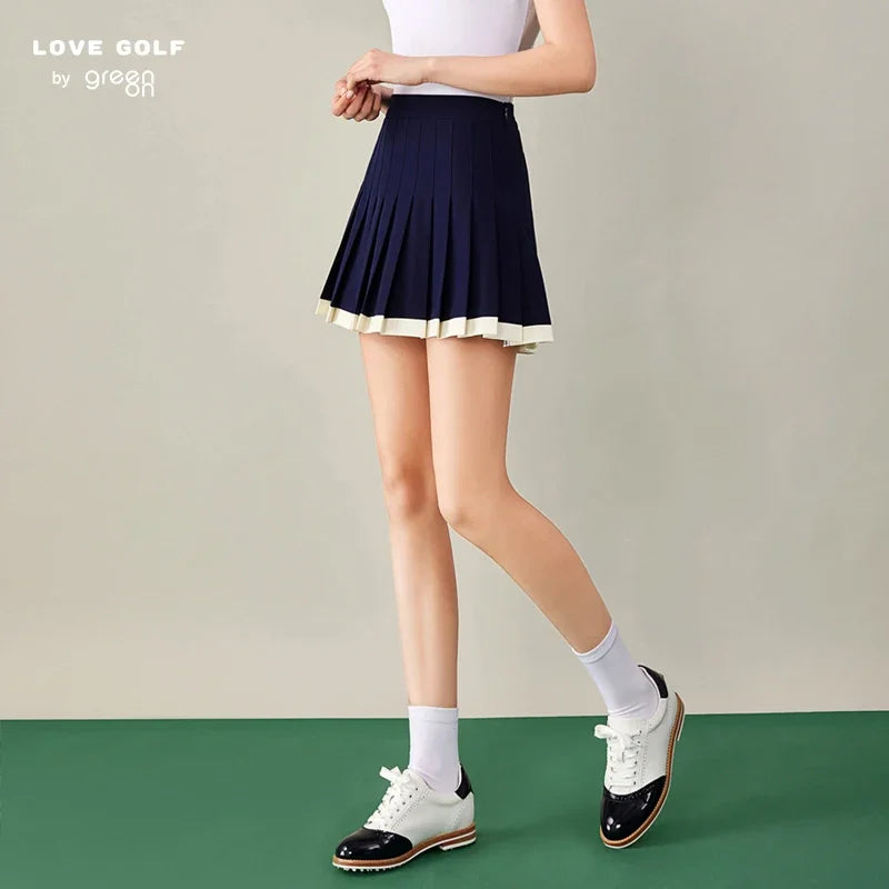 Love Golf Women Patchwork Golf Pleated Skirt Lady Anti-exposure Elastic Culottes A-line Slim Panskirts with Inner Shorts
