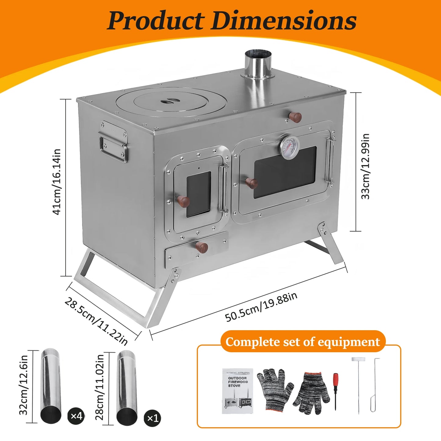 Hot Tent Stove with 4 Chimney Pipe Wood Burning Tent Stove Stainless Steel for Outdoor Heating & Cooking Ice Fishing Hunting