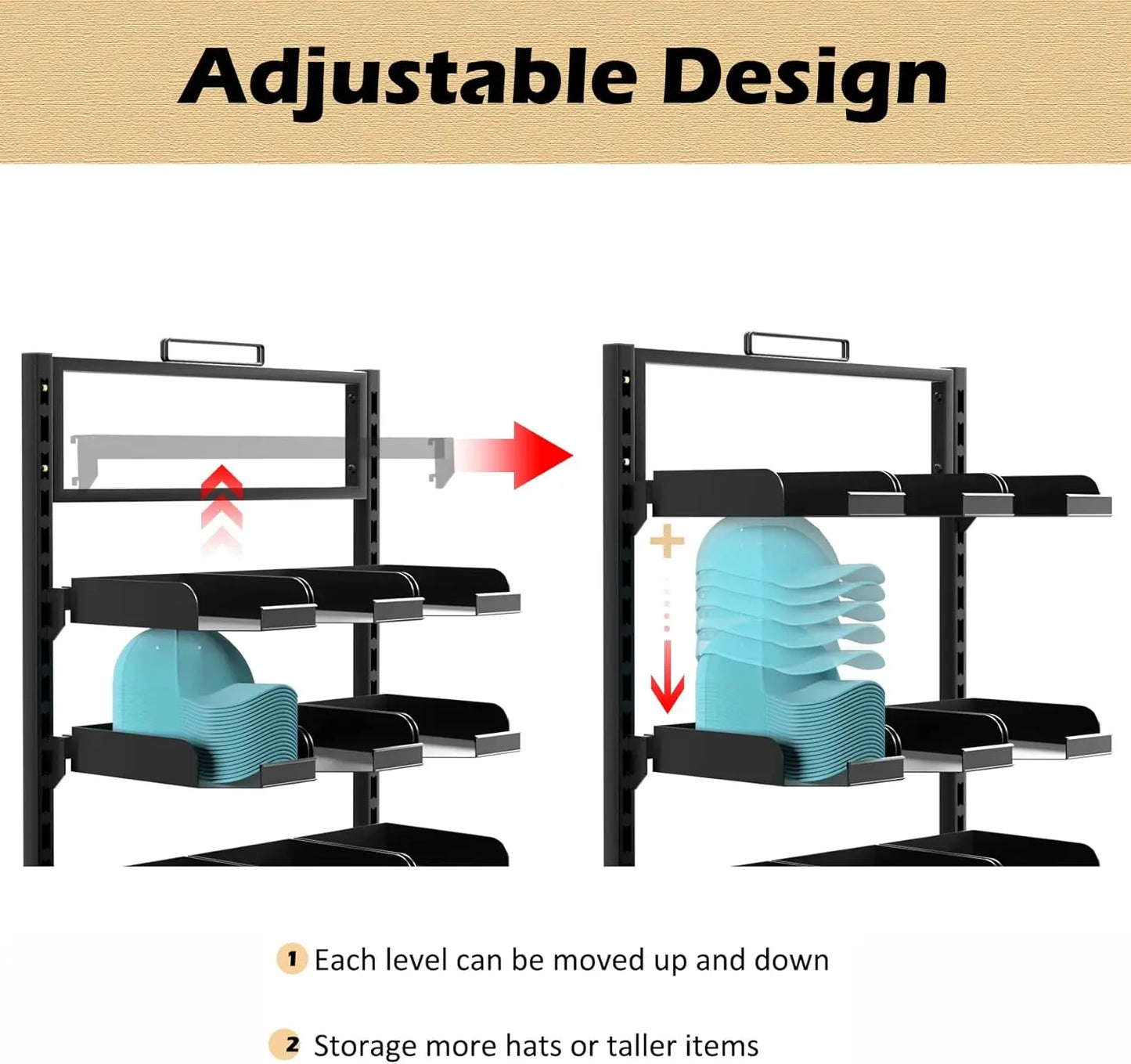 6 Tier Adjustable Ball Cap Storage Organizer With 18 Plate Tray for 180 Baseball Hat, Commercial Home Use, Black Metal