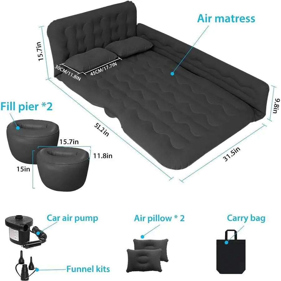 Car Bed SUV Air Mattress, Car Air Mattress with Electric Pump, 2 Inflatable Pillows and 2 Footrests for Back Seat, Side Seat,Tru