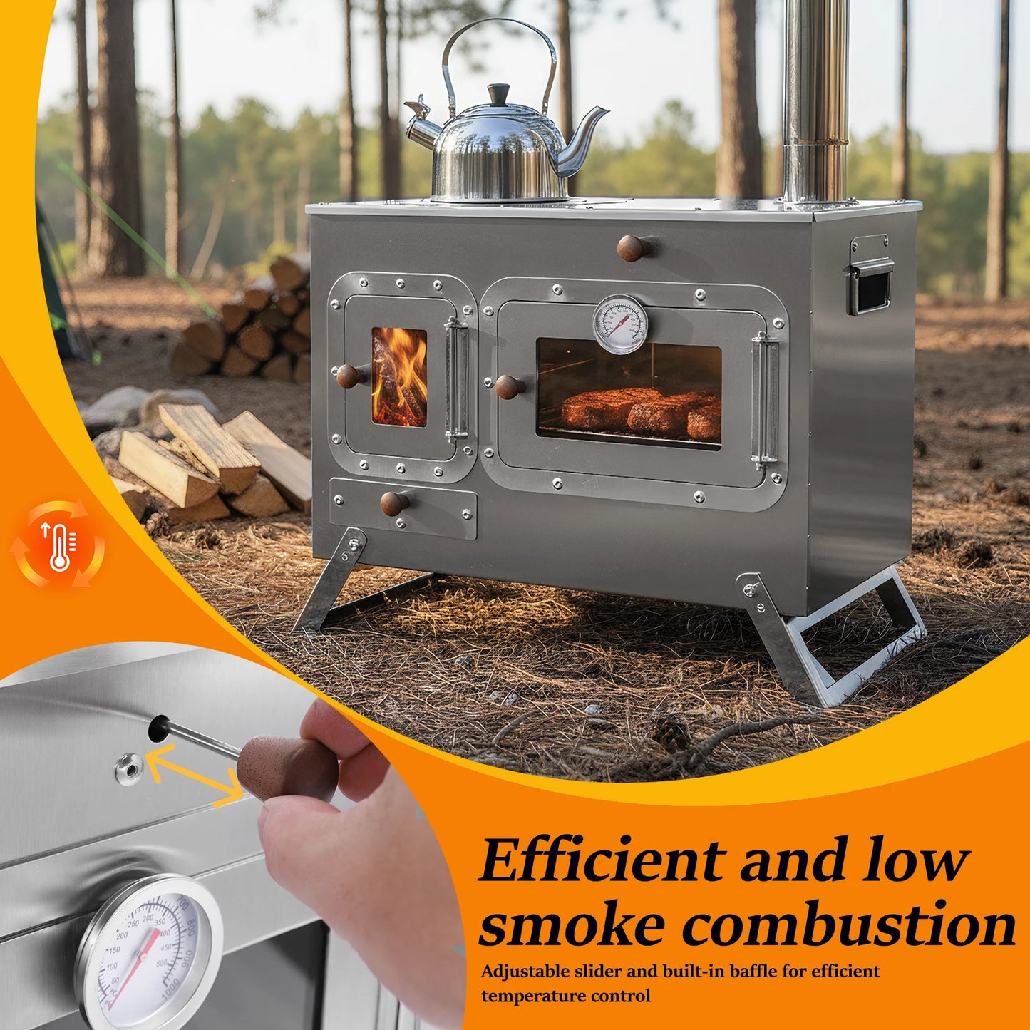Hot Tent Stove with 4 Chimney Pipe Wood Burning Tent Stove Stainless Steel for Outdoor Heating & Cooking Ice Fishing Hunting