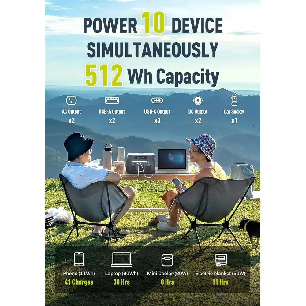 Portable 800W Power Station with 512Wh LiFePO4 Battery, 1-Hour Fast Charge, Ideal for Home, Camping & Emergency Use