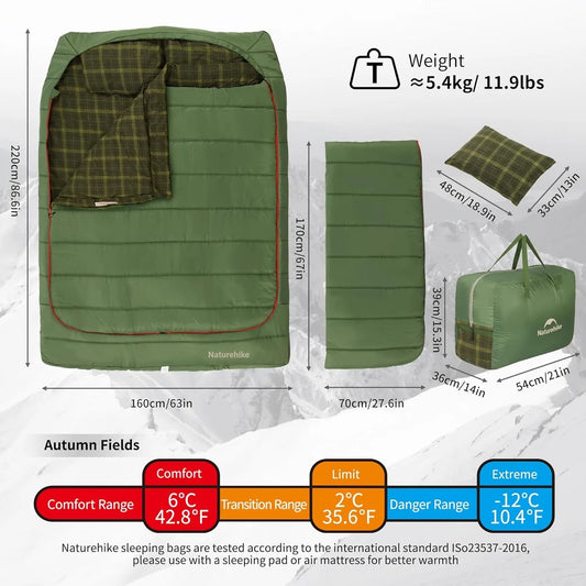 Naturehike Flannel Two Person Sleeping Bag with Pillows Portable Camping Sleeping Bag Cold Weather Keep Warm for Two Adults